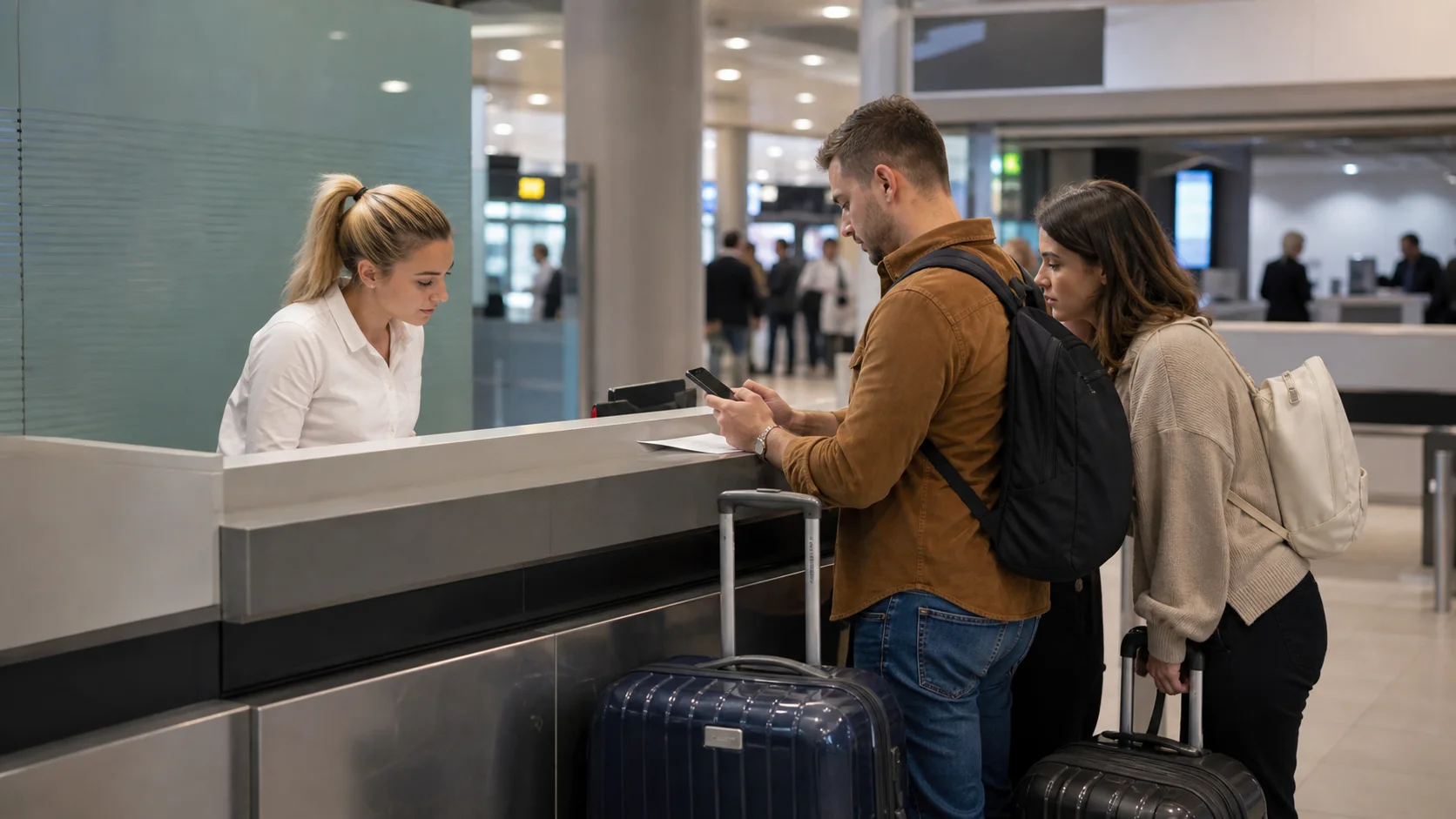 Reizigers bij een algemene balie voor huurauto ophalen