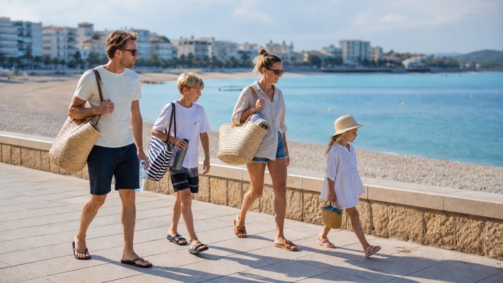 Nederlands gezin op een mediterrane boulevard bij de kust