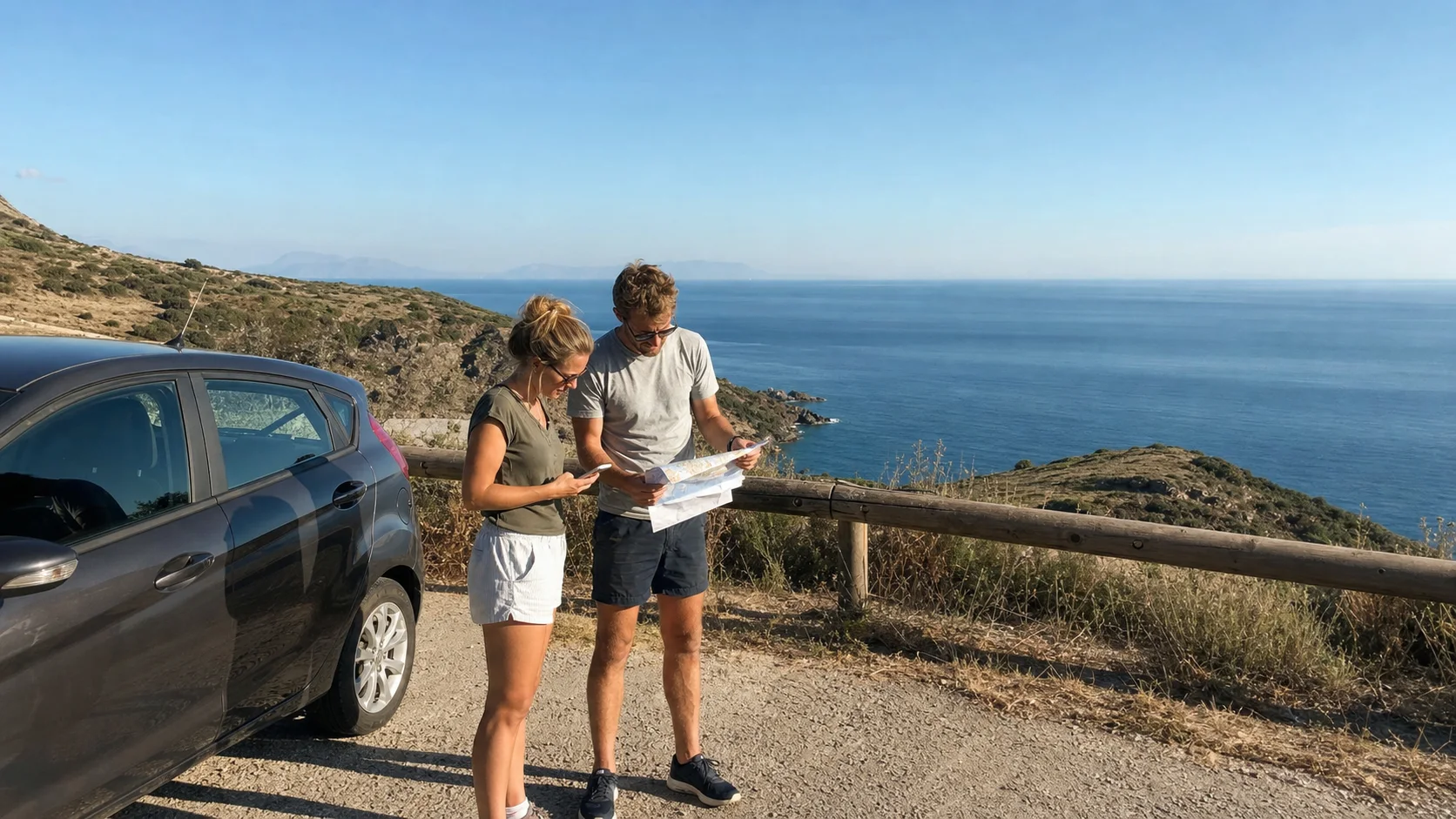 Nederlandse reizigers met huurauto bij een mediterraan uitzichtpunt