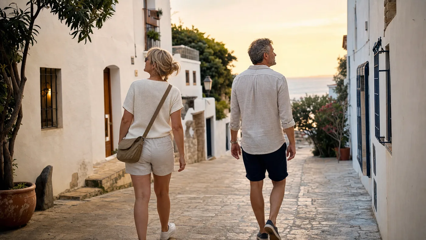 Nederlands stel tijdens een rustige avondwandeling in een mediterraan oud centrum