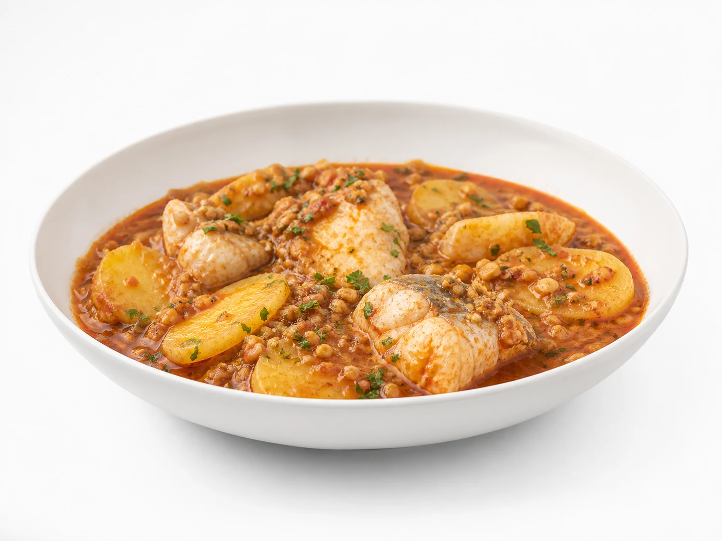 Suquet van rotsvis en aardappel uit Begur op een witte achtergrond
