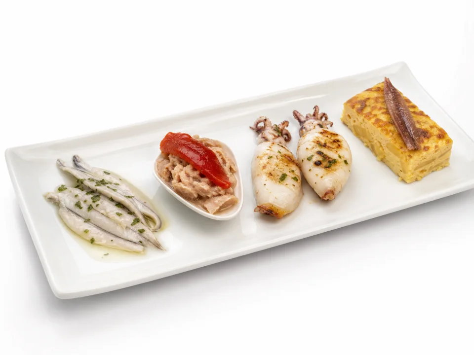 Selectie van zee-tapas uit Benidorm op een witte achtergrond