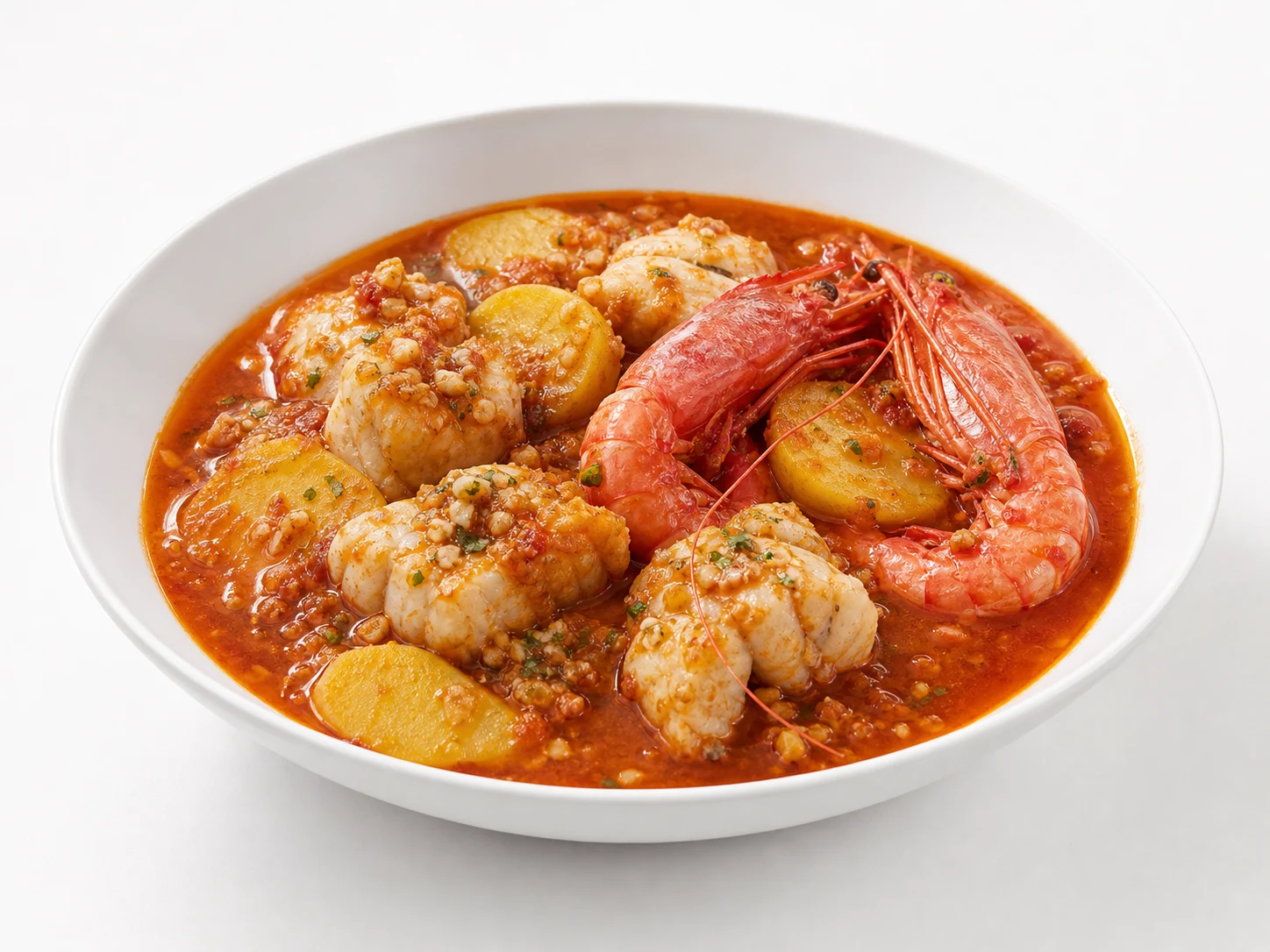 Suquet van vis, aardappel en garnalen uit Blanes op een witte achtergrond