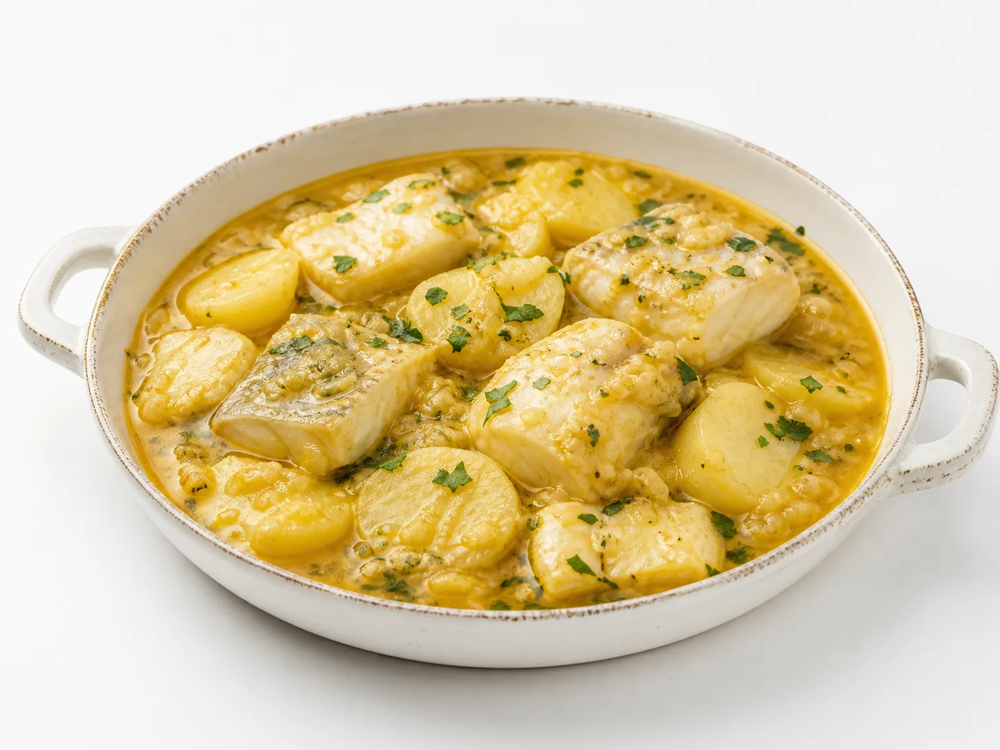 Cim i tomba met witte vis en aardappel op een witte achtergrond