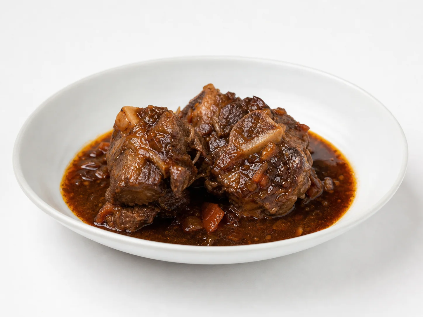 Rabo de toro in donkere saus uit Córdoba op een witte achtergrond