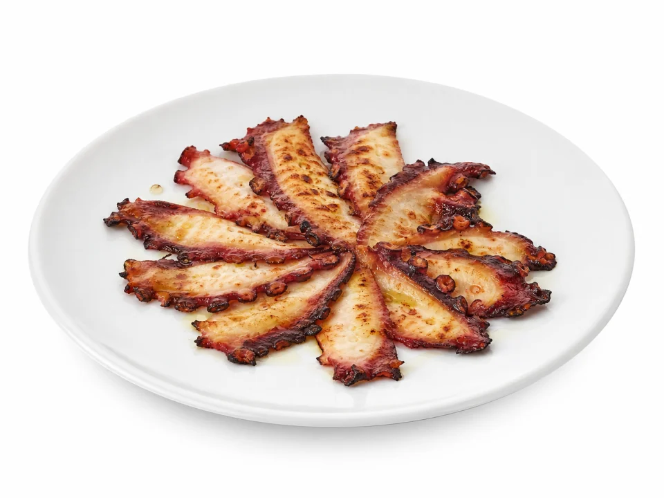 Gedroogde en gegrilde octopus uit Dénia op een witte achtergrond
