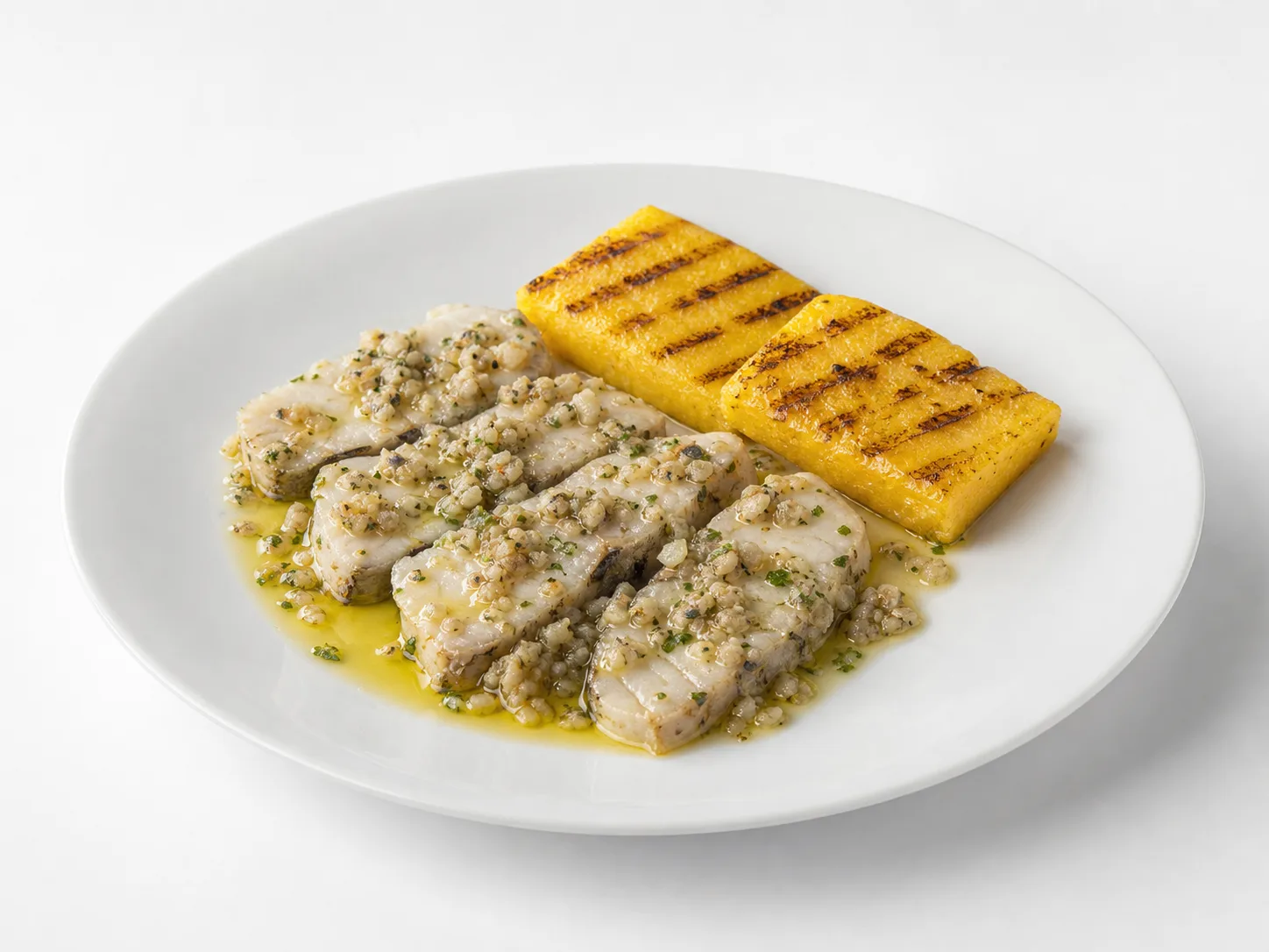 Luccio in salsa met gegrilde polenta op een witte achtergrond