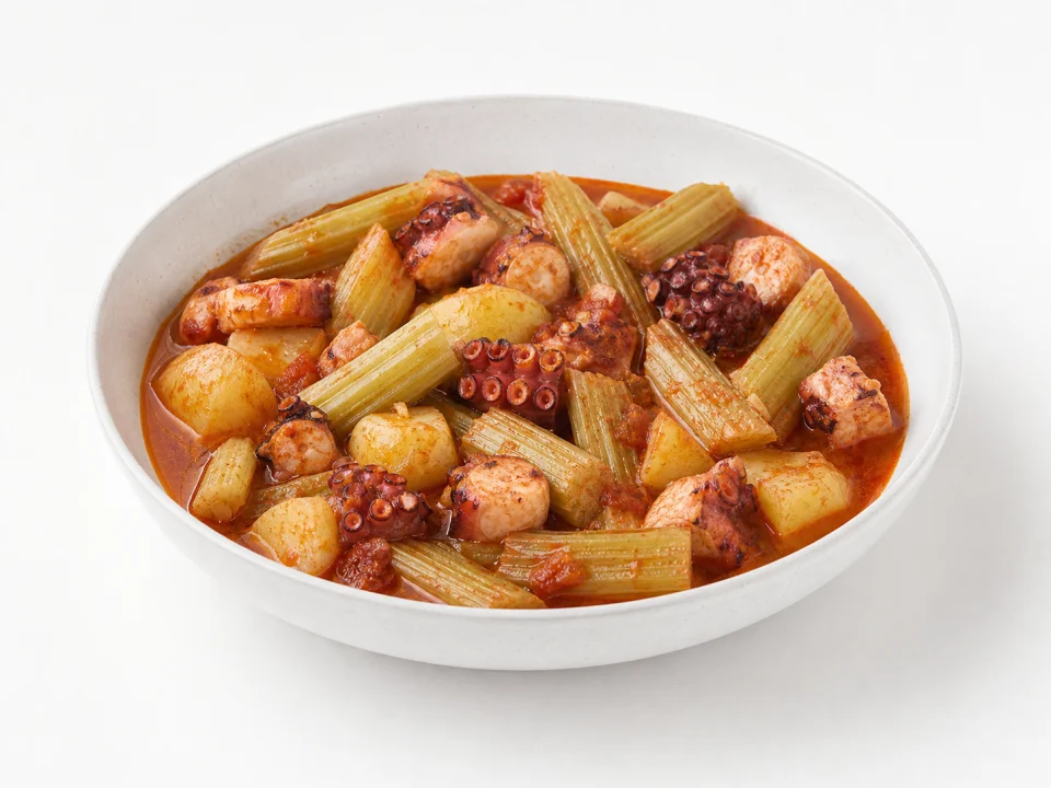 Polp amb penca met octopus en kardoen uit Xàbia op een witte achtergrond