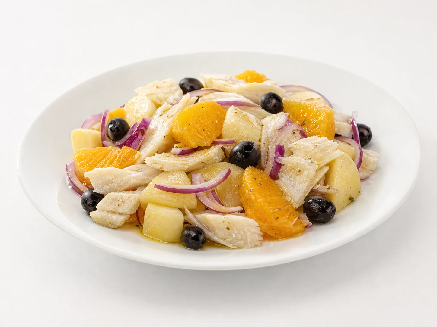 Ensalada malagueña met aardappel, sinaasappel en kabeljauw op een witte achtergrond