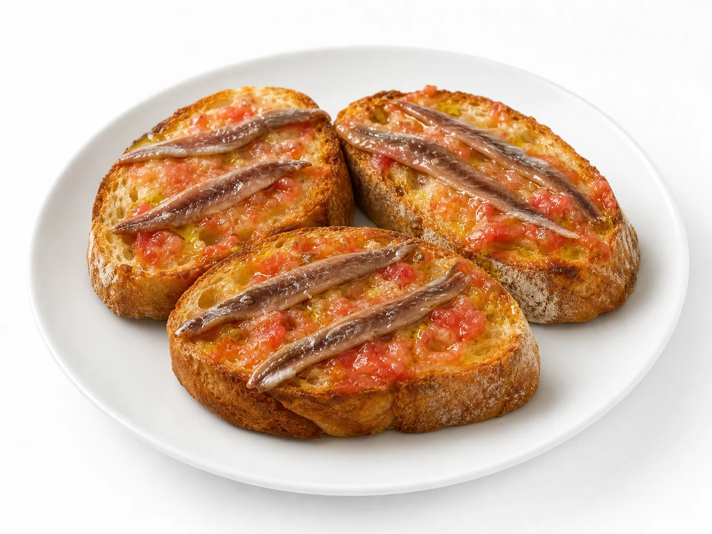 Pa amb tomàquet met ansjovis op een witte achtergrond