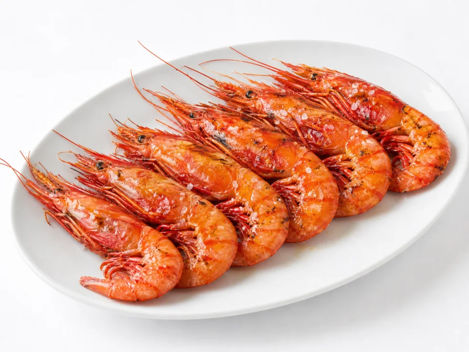 Gegrilde rode Gamba de Palamós op een wit bord