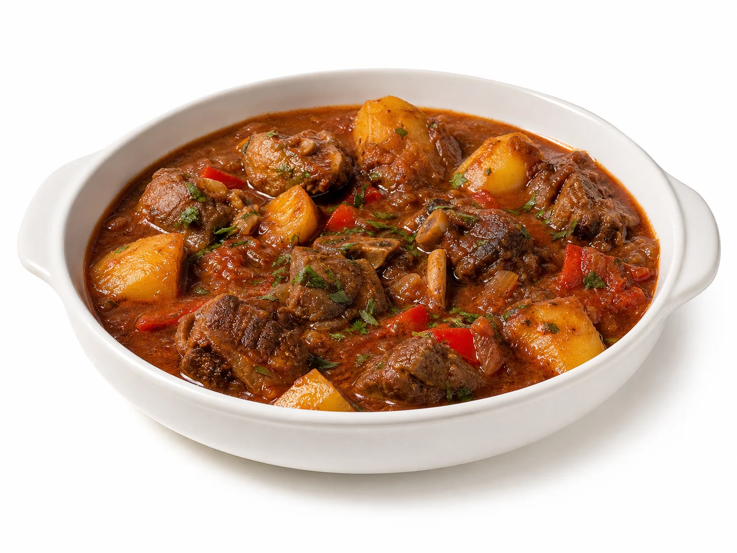 Caldereta de cordero met aardappel op een witte achtergrond