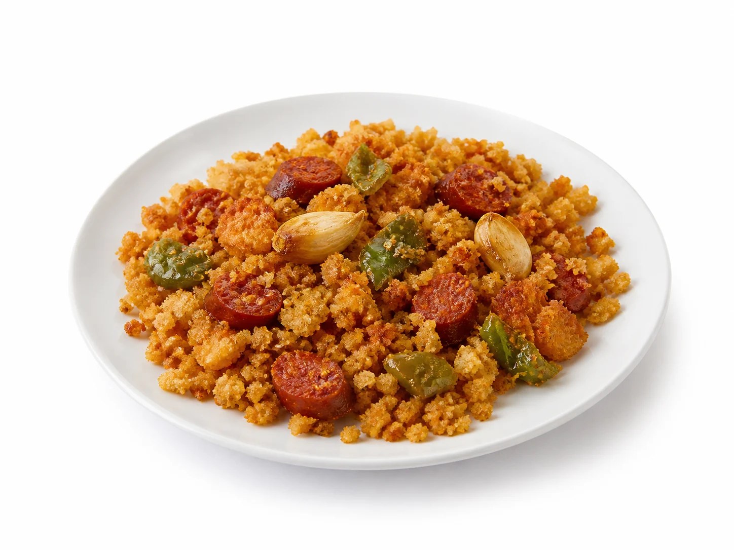 Migas met chorizo, knoflook en paprika op een witte achtergrond