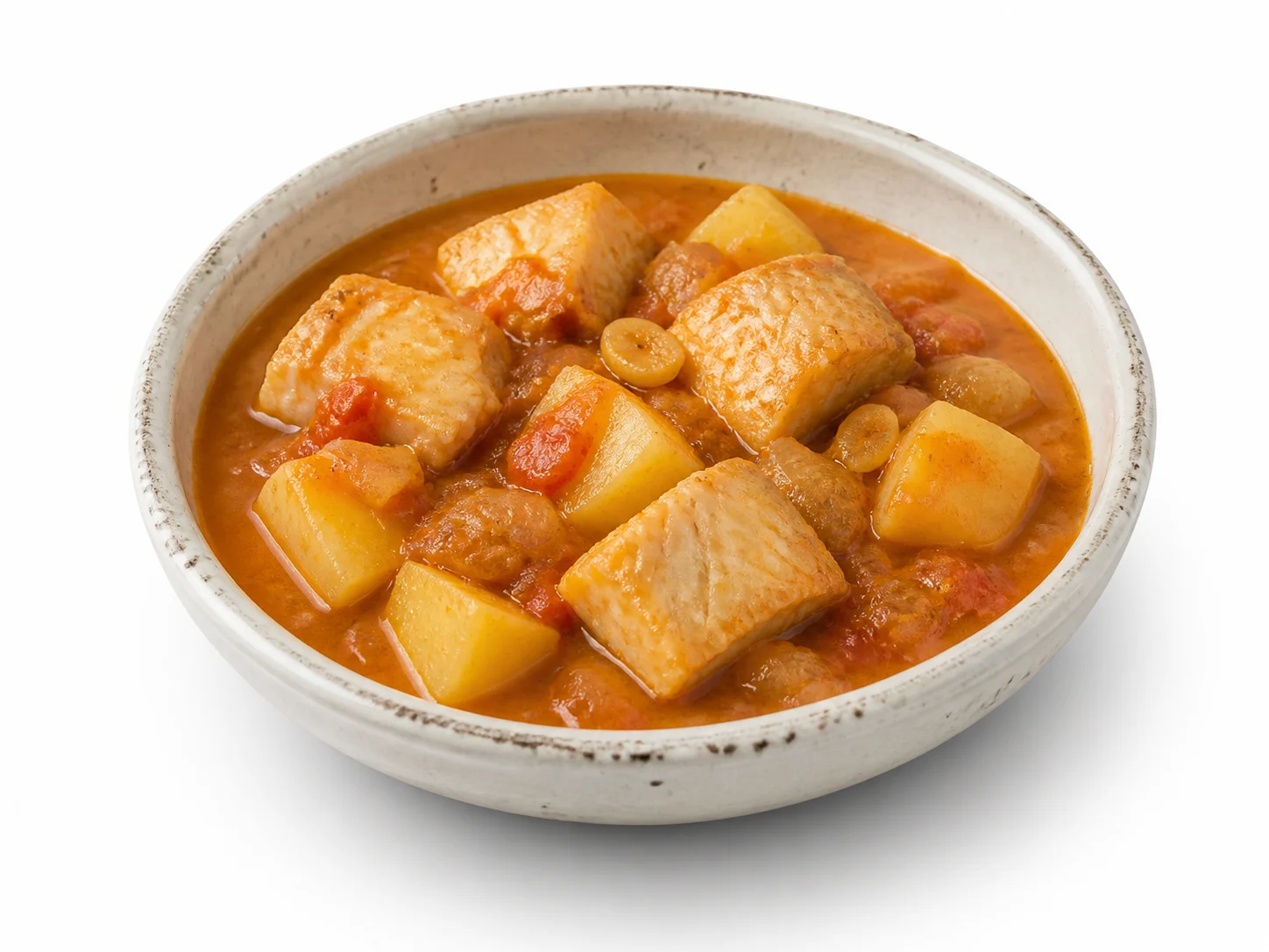 Peixopalo guisat met aardappel op een witte achtergrond