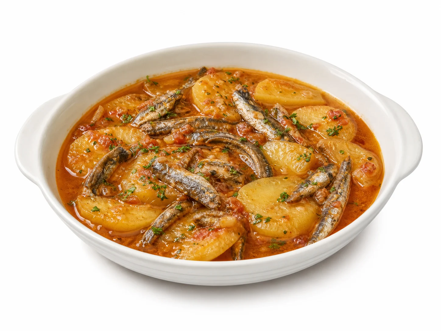 Suquet d'anxoves met aardappel op een witte achtergrond