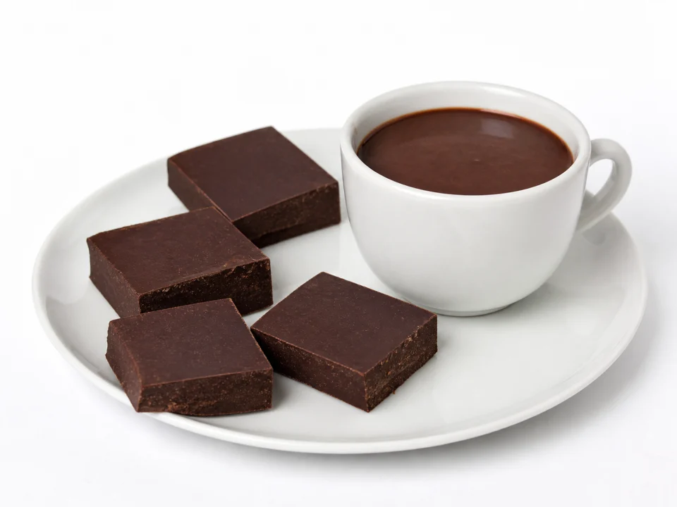 Donkere chocolade en warme chocolademelk uit Villajoyosa op een witte achtergrond