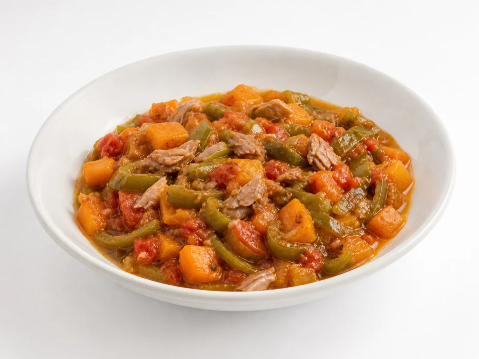 Pebrereta met paprika, pompoen, tomaat en gezouten tonijn op een witte achtergrond